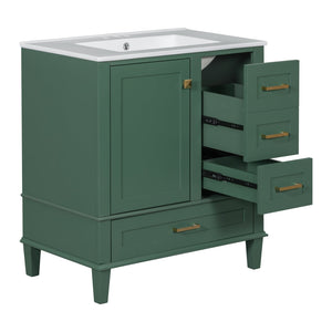 English Elm 30" Modern Bathroom Vanity with Solid Wood Frame, Ceramic Sink, Gold Handles & Soft-Close Storage Green WF321698AAF