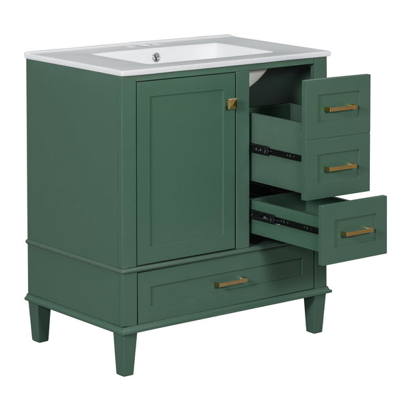 English Elm 30" Modern Bathroom Vanity with Solid Wood Frame, Ceramic Sink, Gold Handles & Soft-Close Storage Green WF321698AAF