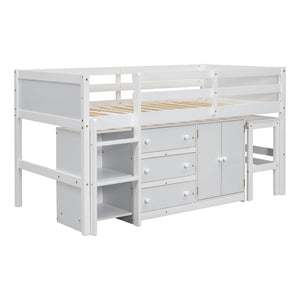 English Elm Twin Low Loft Bed with Pull Out Desk Drawers Cabinet and Shelves for Kids W697S00029