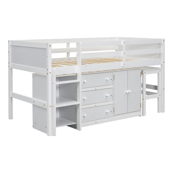 English Elm Twin Low Loft Bed with Pull Out Desk Drawers Cabinet and Shelves for Kids W697S00029
