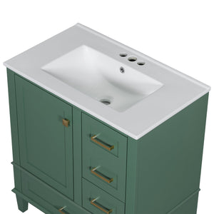 English Elm 30" Modern Bathroom Vanity with Solid Wood Frame, Ceramic Sink, Gold Handles & Soft-Close Storage Green WF321698AAF
