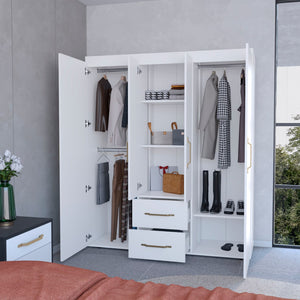 English Elm Stained Walnut Four Door Wardrobe with Rods Shelves and Drawers for Bedroom B062S01878