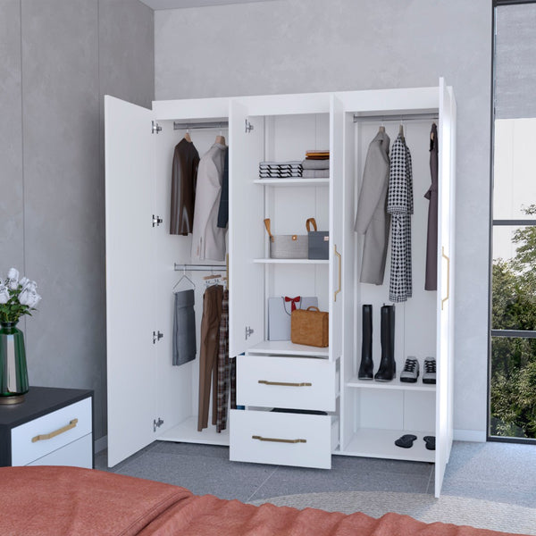 English Elm Stained Walnut Four Door Wardrobe with Rods Shelves and Drawers for Bedroom B062S01878