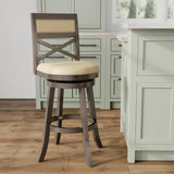 English Elm 30" Bar Height X-Back Swivel Stool, Weathered Gray Finish, French Gray Leather Seat