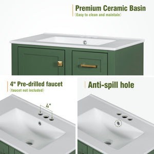 English Elm 30" Modern Bathroom Vanity with Solid Wood Frame, Ceramic Sink, Gold Handles & Soft-Close Storage Green WF321698AAF