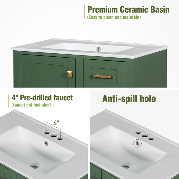 English Elm 30" Modern Bathroom Vanity with Solid Wood Frame, Ceramic Sink, Gold Handles & Soft-Close Storage Green WF321698AAF