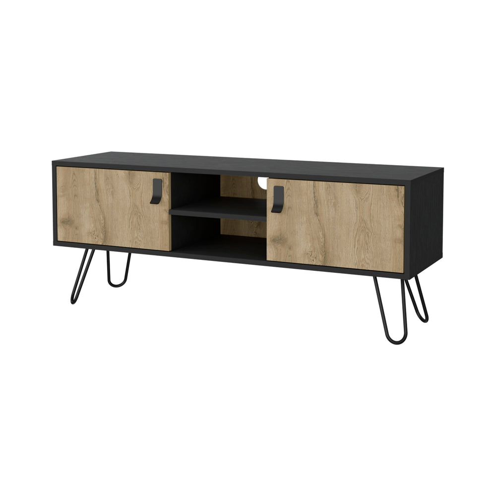 English Elm Wenge Hairpin Legs TV Rack with Macadamia Finish, 2 Doors, 4 Shelves, Cable Management, 47.6" B062P175180
