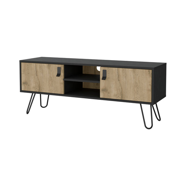 English Elm Wenge Hairpin Legs TV Rack with Macadamia Finish, 2 Doors, 4 Shelves, Cable Management, 47.6" B062P175180