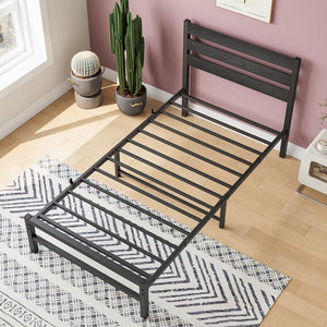 English Elm Twin Rustic Platform Bed Frame with Vintage Wood Headboard, 10.6" Under-Bed Storage, Heavy-Duty Steel Slats W840P164954