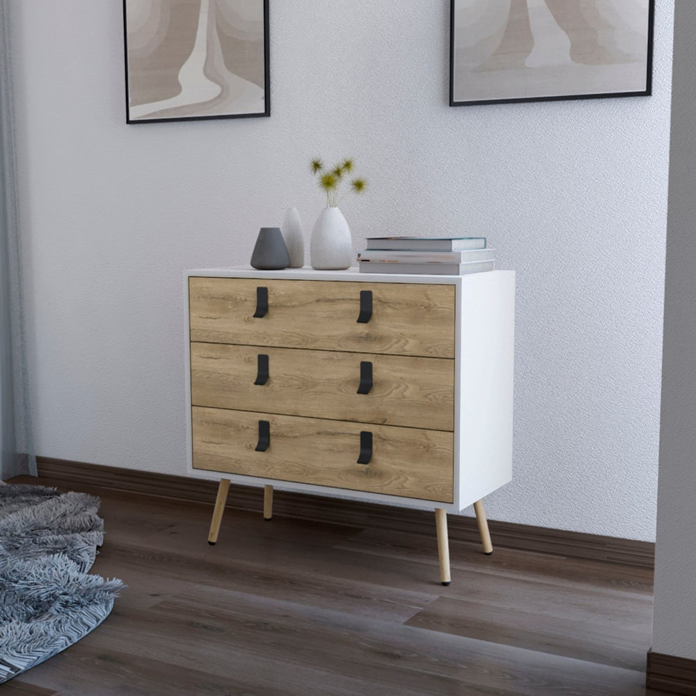 English Elm White 3-Drawer Dresser With Macadamia Accents - Modern Design For Compact Spaces & Stylish Storage B062P175198-GIGA