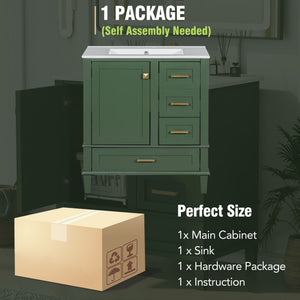 English Elm 30" Modern Bathroom Vanity with Solid Wood Frame, Ceramic Sink, Gold Handles & Soft-Close Storage Green WF321698AAF