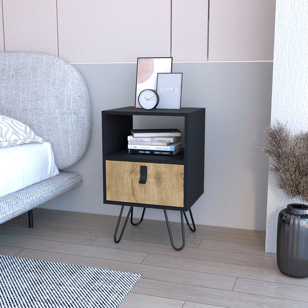 English Elm Wenge Nightstand with Macadamia Finish and Hairpin Legs — Compact Drawer, Open Shelf, Stylish Bedside Storage (24.8"H x 15.75"W x 13.78"D) B062P175196