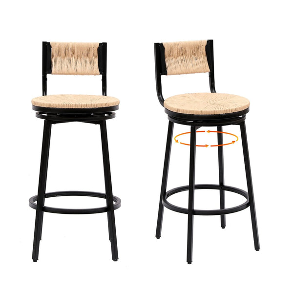 English Elm Creamy Hand Woven Paper Rope Swivel Barstools Set of 2 with Black Steel Frame for Kitchen Honey W1757P144567