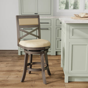 English Elm 24" Counter Height Swivel Stool - Farmhouse Style In Weathered Gray With French Gray Leather Seat B04660726