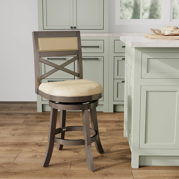 English Elm 24" Counter Height Swivel Stool - Farmhouse Style In Weathered Gray With French Gray Leather Seat B04660726