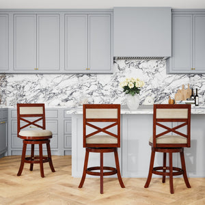 English Elm 24" Counter Height Swivel Stool with Slat Back, Bonded Leather Seat, Solid Hardwood Frame, Durable Cherry B04660708
