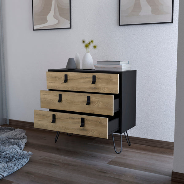 English Elm Wenge 3-Drawer Dresser with Macadamia Finish, Smooth-Glide Drawers, Metal Handles & Stylish Legs B062P175199