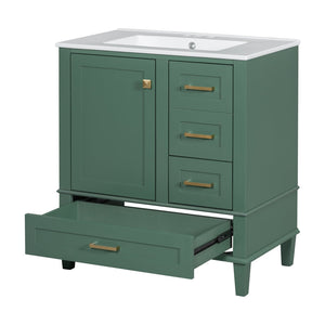 English Elm 30" Modern Bathroom Vanity with Solid Wood Frame, Ceramic Sink, Gold Handles & Soft-Close Storage Green WF321698AAF