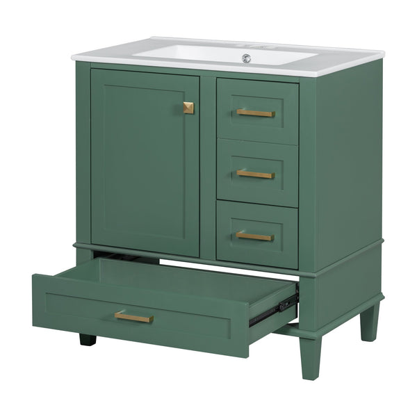 English Elm 30" Modern Bathroom Vanity with Solid Wood Frame, Ceramic Sink, Gold Handles & Soft-Close Storage Green WF321698AAF