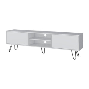 English Elm White White Hairpin Leg TV Rack with 55" Top, 2 Drawers, Open Shelves & Cable Management, Modern Chic B062P175186