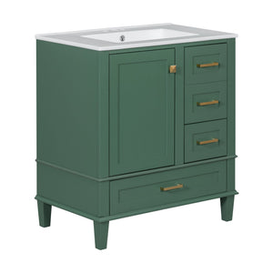 English Elm 30" Modern Bathroom Vanity with Solid Wood Frame, Ceramic Sink, Gold Handles & Soft-Close Storage Green WF321698AAF