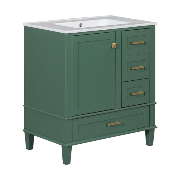 English Elm 30" Modern Bathroom Vanity with Solid Wood Frame, Ceramic Sink, Gold Handles & Soft-Close Storage Green WF321698AAF