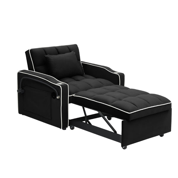 English Elm 1 Velvet Convertible Sleeper Sofa with Usb Port Adjustable Back and Rolling Casters Black W2564P462076