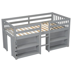 English Elm Twin Low Loft Bed for Kids with Built-in Shelves Led Lighting and Play Space Grey W697P153473