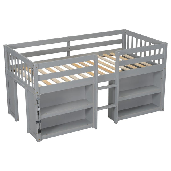 English Elm Twin Low Loft Bed for Kids with Built-in Shelves Led Lighting and Play Space Grey W697P153473
