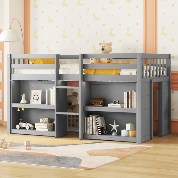 English Elm Twin Low Loft Bed for Kids with Built-in Shelves Led Lighting and Play Space Grey W697P153473