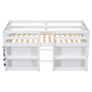 English Elm Twin Low Loft Bed for Kids with Built-in Shelves Led Lighting and Play Space White W697P153472