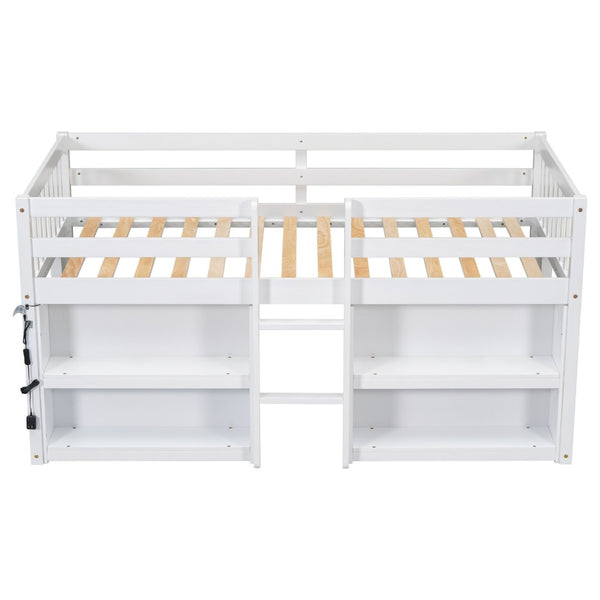 English Elm Twin Low Loft Bed for Kids with Built-in Shelves Led Lighting and Play Space White W697P153472