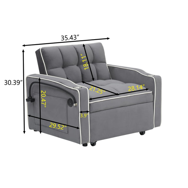 English Elm 1 Velvet Convertible Sleeper Sofa with Usb Port Adjustable Back and Rolling Casters Dark Gray W2564P462077