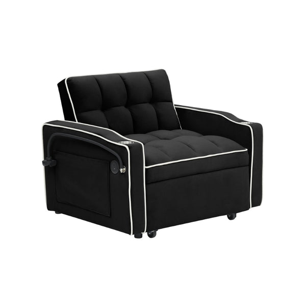 English Elm 1 Velvet Convertible Sleeper Sofa with Usb Port Adjustable Back and Rolling Casters Black W2564P462076