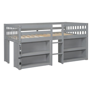 English Elm Twin Low Loft Bed for Kids with Built-in Shelves Led Lighting and Play Space Grey W697P153473