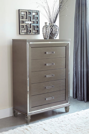 English Elm Silver Metallic Glam Five Drawer Chest with Beveled Mirror Trim and Acrylic Pulls B011P176906
