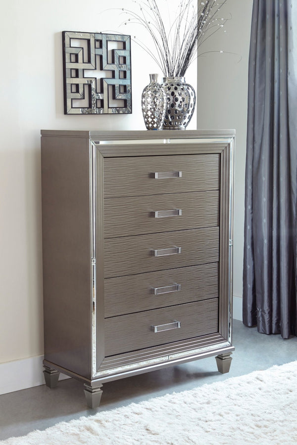English Elm Silver Metallic Glam Five Drawer Chest with Beveled Mirror Trim and Acrylic Pulls B011P176906
