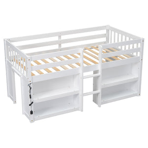 English Elm Twin Low Loft Bed for Kids with Built-in Shelves Led Lighting and Play Space White W697P153472