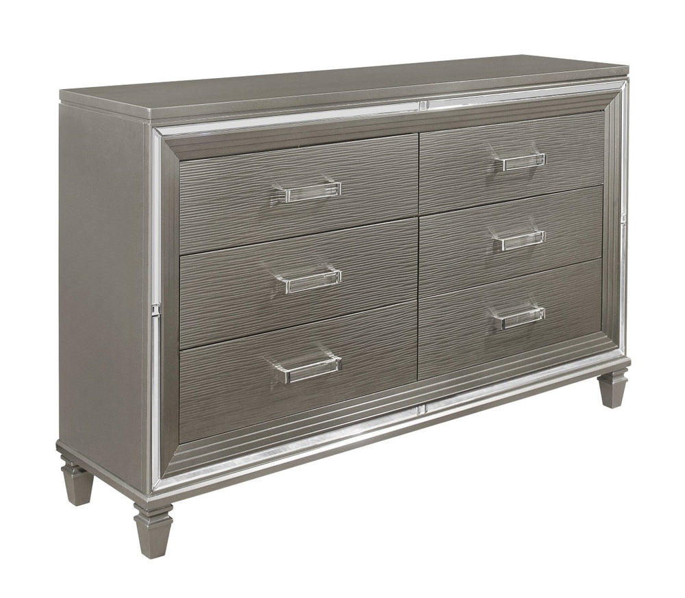 English Elm Silver Metallic Six Drawer Dresser with Beveled Mirror Trim and Acrylic Pulls Glam Bedroom B011P176907