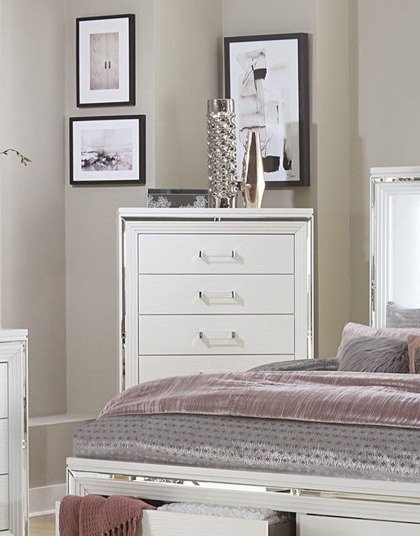 English Elm White Metallic Finish Tamsin Glam 5-Drawer Chest with Mirrored Frame & Acrylic Pulls, Modern Bedroom Storage 90" B011P176905