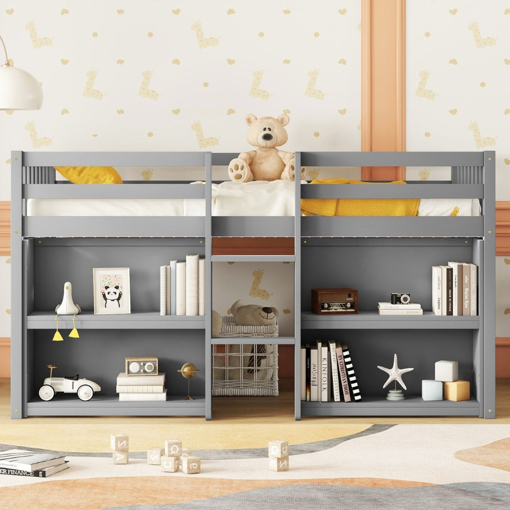 English Elm Twin Low Loft Bed for Kids with Built-in Shelves Led Lighting and Play Space Grey W697P153473