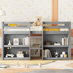 English Elm Twin Low Loft Bed for Kids with Built-in Shelves Led Lighting and Play Space Grey W697P153473