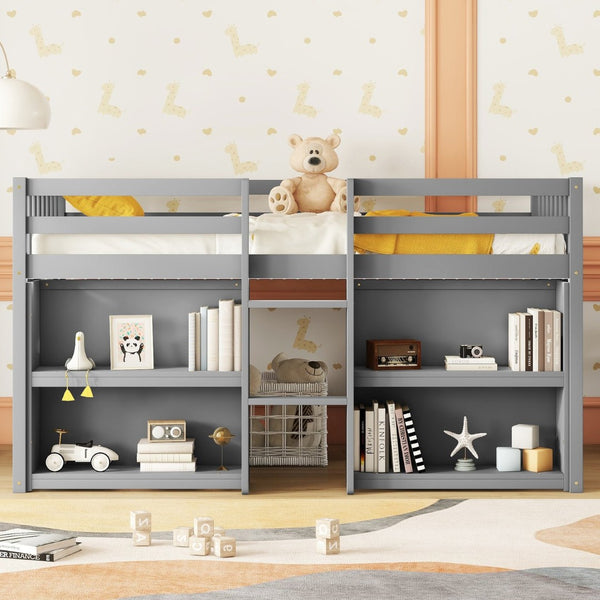 English Elm Twin Low Loft Bed for Kids with Built-in Shelves Led Lighting and Play Space Grey W697P153473