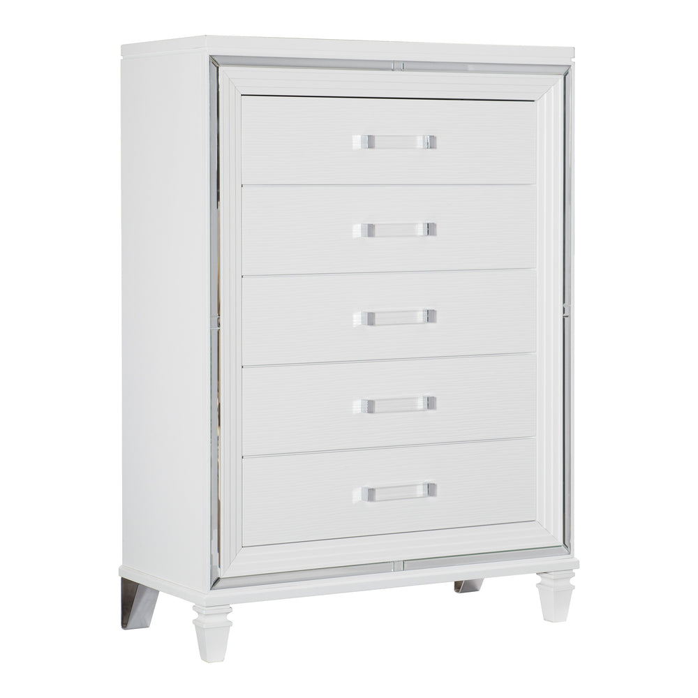 English Elm White Metallic Finish Tamsin Glam 5-Drawer Chest with Mirrored Frame & Acrylic Pulls, Modern Bedroom Storage 90" B011P176905