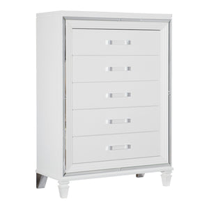 English Elm White Metallic Finish Tamsin Glam 5-Drawer Chest with Mirrored Frame & Acrylic Pulls, Modern Bedroom Storage 90" B011P176905