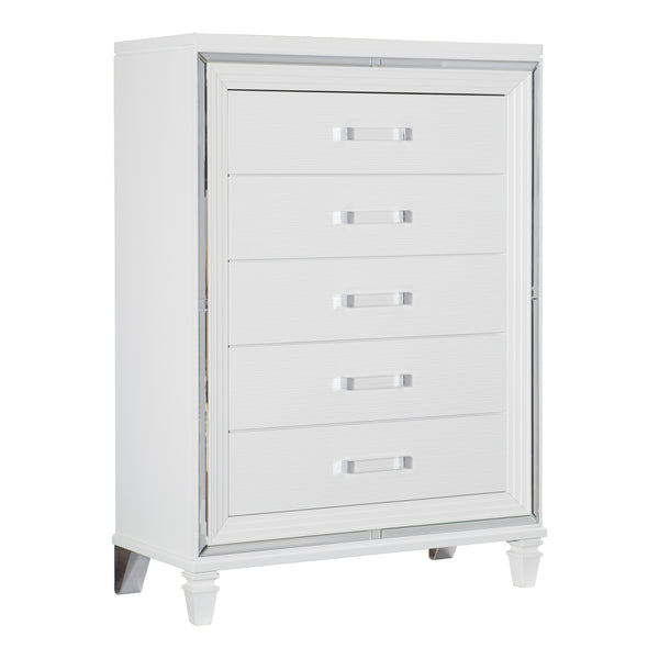 English Elm White Metallic Finish Tamsin Glam 5-Drawer Chest with Mirrored Frame & Acrylic Pulls, Modern Bedroom Storage 90" B011P176905
