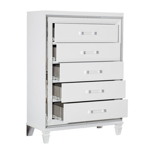 English Elm White Metallic Finish Tamsin Glam 5-Drawer Chest with Mirrored Frame & Acrylic Pulls, Modern Bedroom Storage 90" B011P176905
