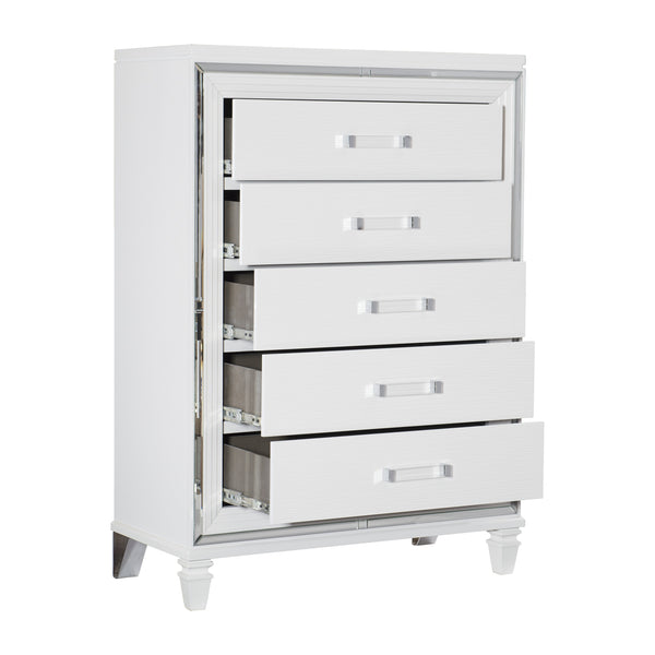 English Elm White Metallic Finish Tamsin Glam 5-Drawer Chest with Mirrored Frame & Acrylic Pulls, Modern Bedroom Storage 90" B011P176905