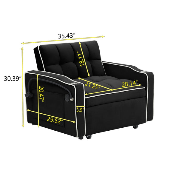 English Elm 1 Velvet Convertible Sleeper Sofa with Usb Port Adjustable Back and Rolling Casters Black W2564P462076