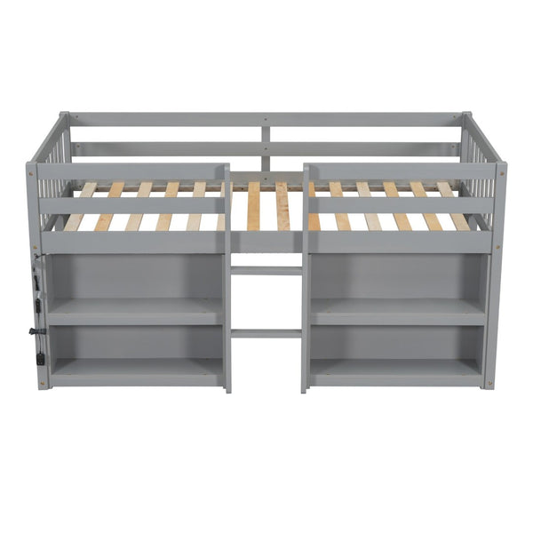 English Elm Twin Low Loft Bed for Kids with Built-in Shelves Led Lighting and Play Space Grey W697P153473